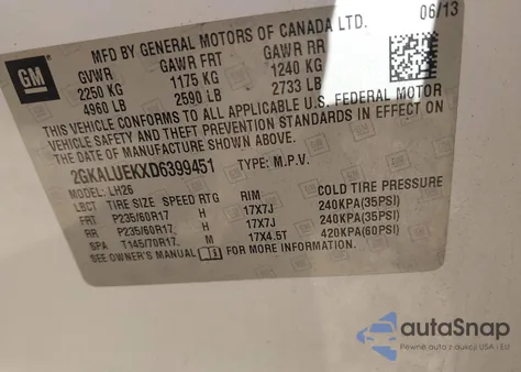 2013 GMC Terrain Slt-1 from USA, damaged, VIN 2GKALUEKXD6399451